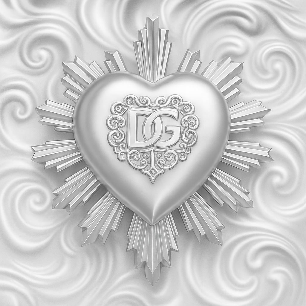Corazón de plata con diseño ornamental y logotipo DG de Dolce & Gabbana sobre fondo texturizado en espirales