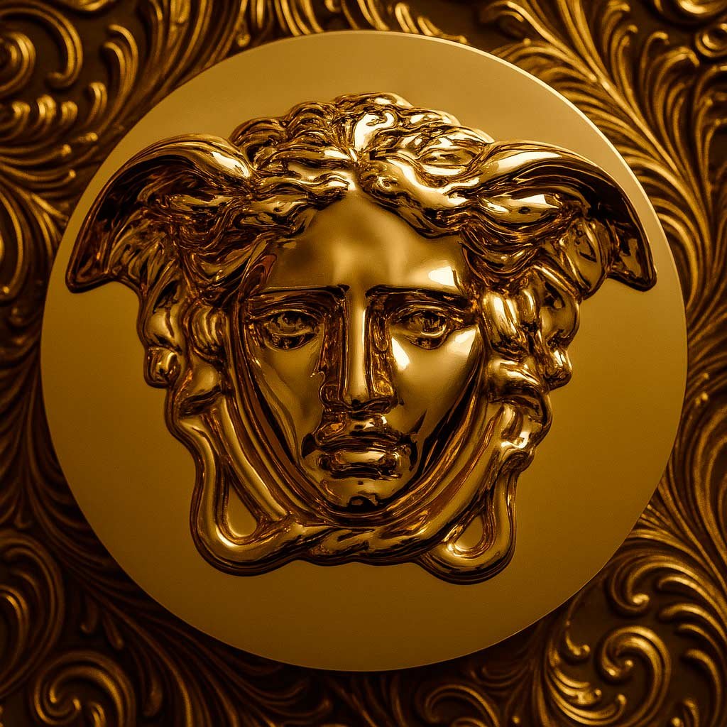 Rostro dorado de Medusa, emblema de Versace, sobre fondo barroco en tonos oro